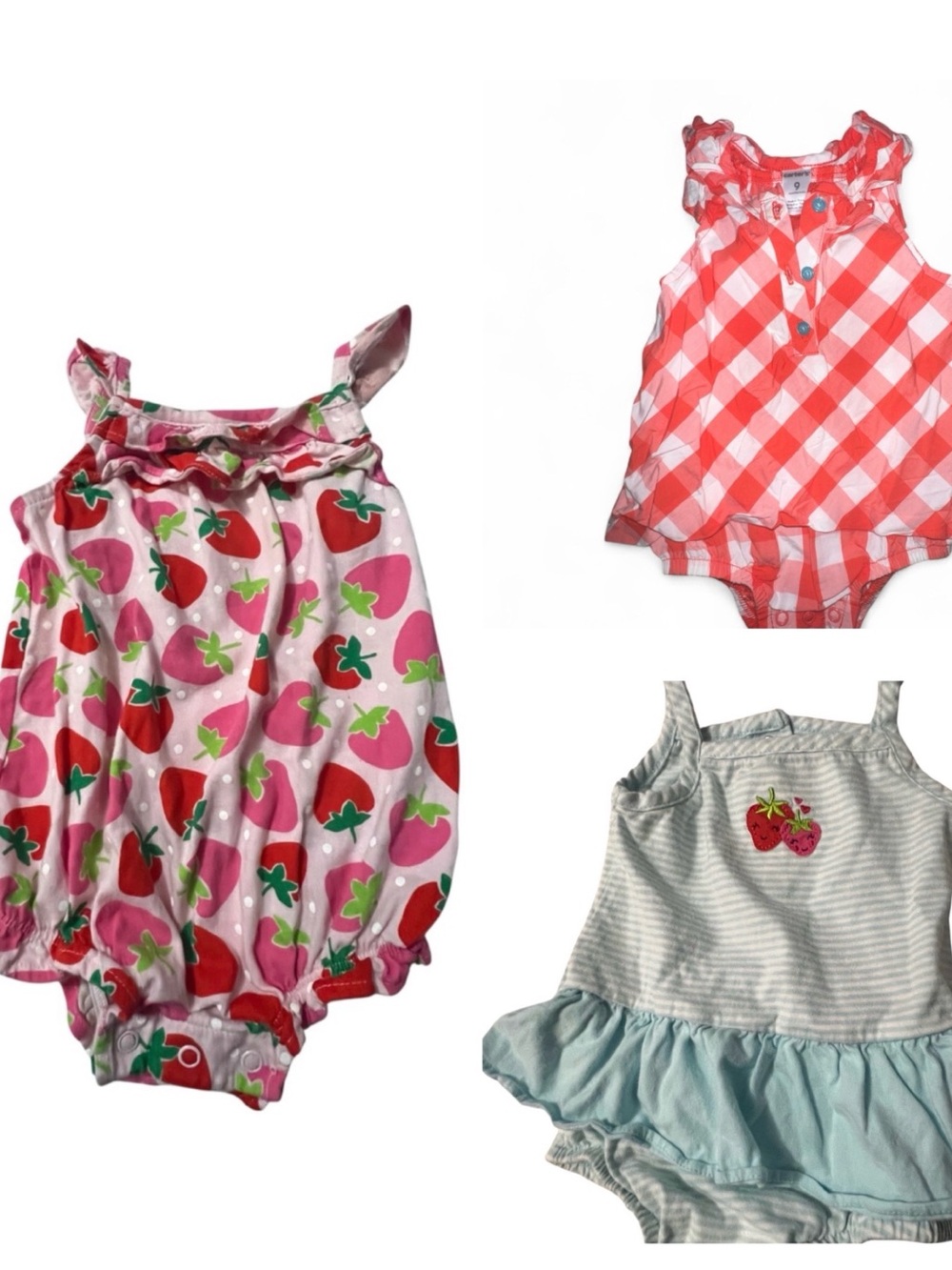 Lot of 3 Baby Girl Strawberry Rompers & Sunsuits 9 Months Bundle
